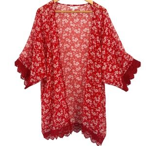 Maurices Ditsy Floral Kimono Wrap Crochet Lace Sheer Open Front Plus Size 1 Red